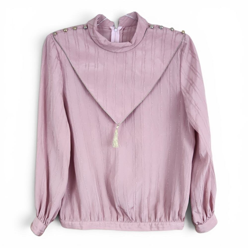 80s Vtg Mauve Pink Gold Tassel Layover Blouse Medium/Large Old Money Classy Offi